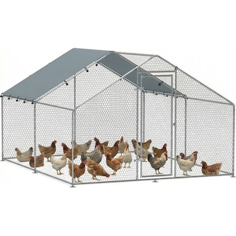 Parc de Plein Air pour Volaille 3x3,4m Maille Métallique et Bâche Imperméable Protection UV (1/5)