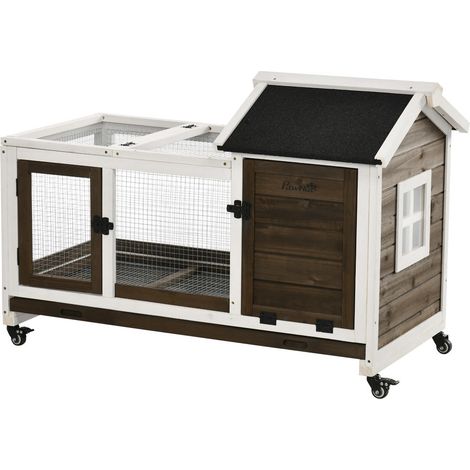 Nettoyage et déplacement faciles : clapier en bois sur 4 roulettes avec abri et enclos sécurisé pour lapin (1/5)