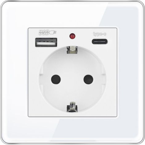 Prise Murale avec USB et Type C, Prise de courant en Verre avec USB 2.1A courant 16 Amp 240V 86mm Blanc (1/4)