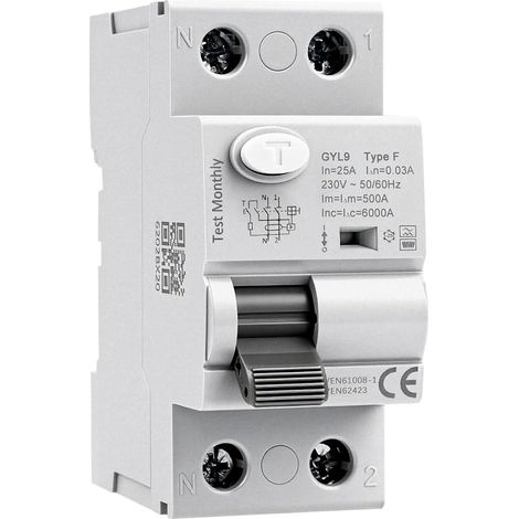 Disjoncteur Différentiel 25A 30mA type F Interrupteur Différentiel 2P AC230V Pouvoir de Coupure de 6 kA pour Charge monophasée à fréquence variable Climatiseurs Lave-linge Pompes Pompes à chaleur (1/5)