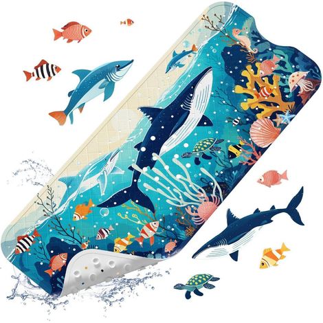 Tapis de bain antidérapant enfant 100x40cm, sans BPA, lavable, motif baleine bleu clair (1/5)