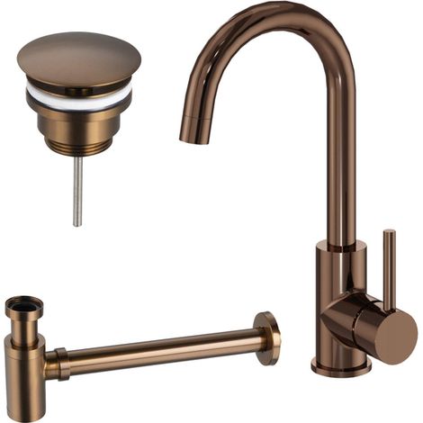 Fortifura Calvi Ensemble de robinet lavabo - rehaussé - bec rotatif - bonde non-obturable - siphon bas design - Cuivre (1/4)
