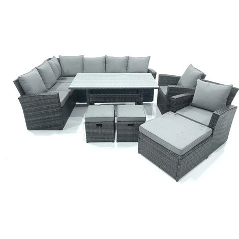 Fimous Gartenlounge Set Rattan Ecksofa Set mit 3 Fußhockern 2 Sesseln Dunkelgrau gemischt