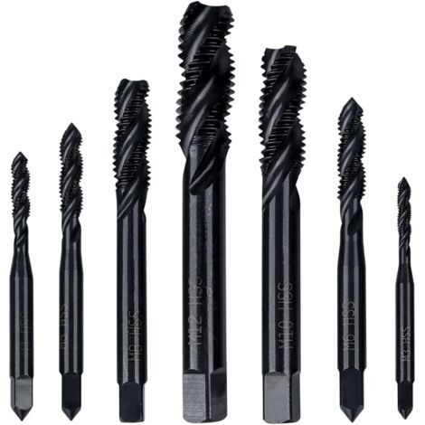 Sollbry Jeu de 7 Tarauds à Filetage Hélicoïdal HSS Tarauds à Vis Cannelés Spirale Métrique Tarauds Assortiment M3 M4 M5 M6 M8 M10 M12 Outil de Taraudage de Filetage en Acier Rapide Revêtement en Nitru