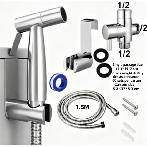 Douchette à main pour kit de toilettes, robinet de douche, en acier inoxydable, avec tuyau à ressort, kit de support mural, valve à 3 voies (1/5)