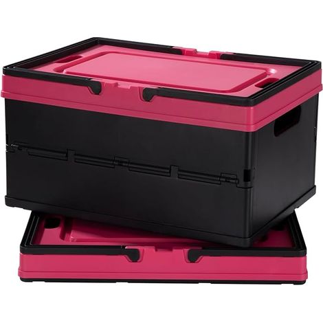 Boîtes de Rangement avec Couvercle et Poignée Caisse de Bac Pliable en Plastique Durable Empilable pour Camping, Coffre Voiture, Maison,Bureau Noir Pink