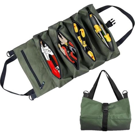 Bolsa de herramientas enrollable, bolsa de almacenamiento portátil hecha de tela Oxford impermeable con bolsillo con cremallera, Verde (1/4)