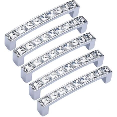 QORVA-Lot de 5 poignées modernes décorées en cristal, 10 cm de long Poignée de tiroir en alliage de zinc (trou central de 9 cm), argent clair, avec strass en verre, pour commode, placard, penderie