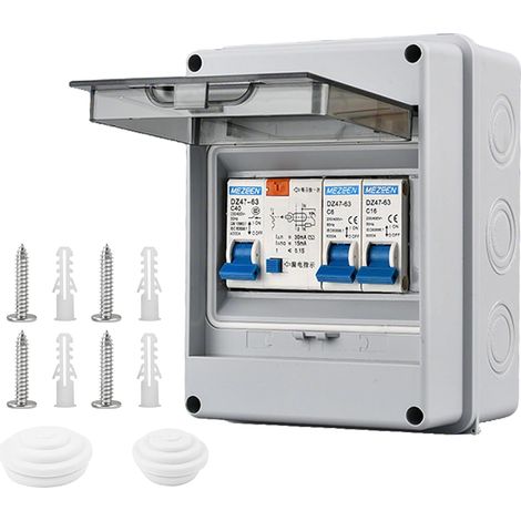 Boîte à fusibles 2 voies - Petit répartiteur - Boîte à fusibles avec interrupteur FI Répartiteur 2 voies en saillie avec 40 A 30 mA RCD et 2 MCB (6 A + 16 A) pour garage, caravane, maison et bureau (1/5)