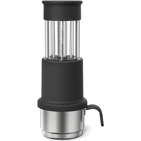 Cafetera portátil 2 en 1, manual, compatible con cápsulas NES y café molido, con taza de acero inoxidable de 120 ml, depósito de agua de 80 ml y soporte adaptador. (1/5)