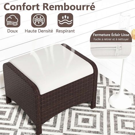 Set of 2 White Rattan Pouf Stools with Cushions