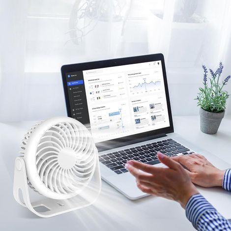 Mini ventilatore USB silenzioso, con rotazione a 360° (bianco), gancio incluso e batteria da 1800 mAh – ideale per ufficio, camera da letto, tenda e altro ancora. (1/5)
