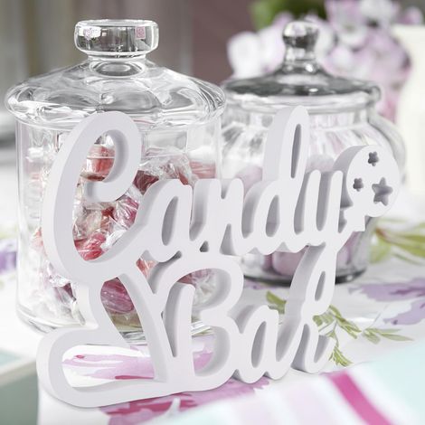 Décoration de Candy Bar blanche en bois, Lettrage décoratif Candybar, Décoration de table Sweetsbar avec fines sculptures, Ornement de table avec inscription Candybar, Panneau Candy Bar pour mariages (1/5)