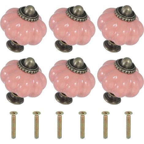 Boutons en céramique rose, 3,33,33,8 cm, 6 pièces avec vis, boutons et poignées de tiroir de meuble en céramique en forme de citrouille. (1/5)