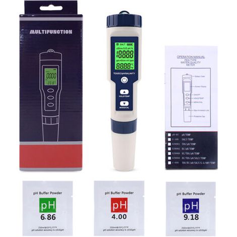 PH Mètre Électronique 5 en 1 avec TDS EC Salinité Température, pH Testeur Multi-paramètres étanche IP67 de Haute précision, Testeur pH Salinité Piscine Eau avec temp compensation automatique