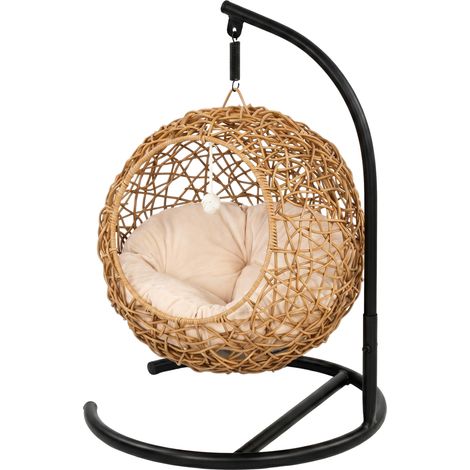 Panier en rotin pour chat, grotte féline avec coussin lavable et balle de jeu, pour chats jusqu'à 10 kg, 45 x 41 x 75 cm, marron clair (1/5)