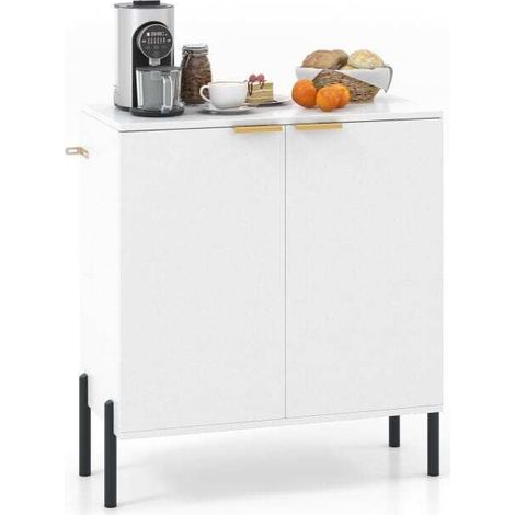 Buffet 2 portes blanc avec rangement fermé et pieds en métal, doté d'un kit anti-basculement pour salle à manger, salon et entrée (1/5)