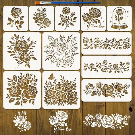 12Pcs Pochoirs Thème Rose Avec 1 Pinceau Plastique 3 Tailles Pochoir Fleur Rose Pochoirs Motifs Floraux Décoratifs pour Peinture sur Bois Tissu Sol Meuble DIY Décoration Maison (1/5)