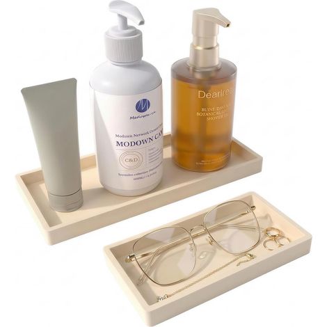 Plateau de salle de bain en silicone, 20 x 10 cm + 30 x 12,5 cm (pour réservoir de WC), plateaux de cuisine, silicone antidérapant, facile à nettoyer et incassable, pour parfums et cosmétiques (beige) (1/5)