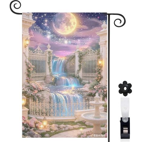 Drapeau vertical cascade encre et lune magique 30 x 45 cm décoration jardin d'été (1/5)