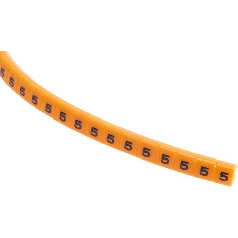 Repère câble à pression , Ø câble 3 3.4mm, texte : 5, Noir sur Orange ( Prix pour Bobine de 100 )