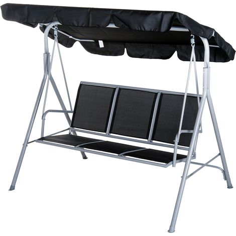 Balancelle de jardin 3 places avec auvent réglable et amovible, assise en polyester respirant, charge maximale 240 kg, 171 x 108 x 154 cm, noire (1/5)