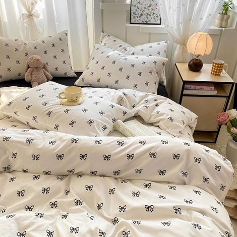 Housse de Couette 220x240 Noir et Blanc Nœud Papillon Romantique Parure de Lit Adulte 2 Personnes Kawaii en Microfibre Linge de lit avec Fermeture Éclair et 2 Taies d'oreiller 65x65cm (1/5)