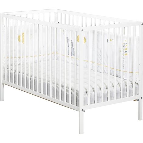 Les Tendances – Lit bébé 120x60 à barreaux en hêtre laqué blanc – Sommier réglable 3 positions – Dimensions 125x84x66 cm – Fabrication Europe