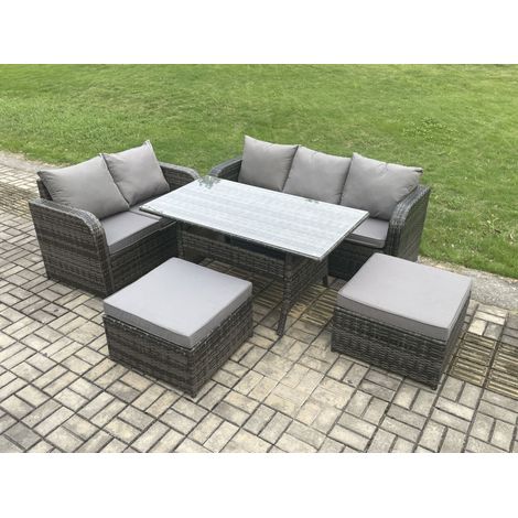 Fimous Outdoor Garden Patio Furniture Wicker Rattan Oblong Rectangular Dining Table and Lounge Sofa set with 2 Big Footstool Dark Grey Mixed (1/5)