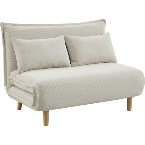 Canapé convertible 2 places en velours côtelé pieds bois clair - Beige - Nella