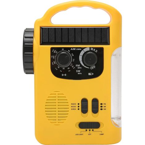Radio solare a manovella Radio AM Torcia elettrica Radio solare FM Radio di emergenza SW con torcia a LED Luce di lettura Lettore MP3 per campeggio all'aperto (Giallo) (1/5)