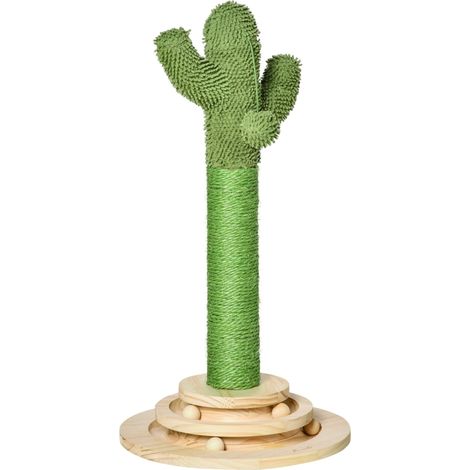 Katzen Kratzbaum Kaktus Katzenbaum Kiefernholz Sisal Seil Kratzstamm mit Holzkugel-Katzenspielzeug für Katzen 60 cm Hoch Grün+Natur