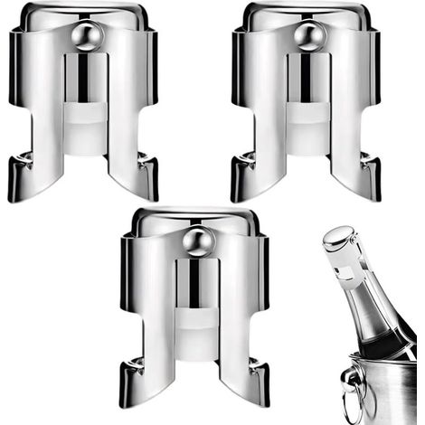Lot de 3 bouchons à champagne en acier inoxydable avec silicone de qualité alimentaire anti-fuite pour garder la fraîcheur,Convient pour le champagne, le prosecco et le brillant,Argenté (1/5)
