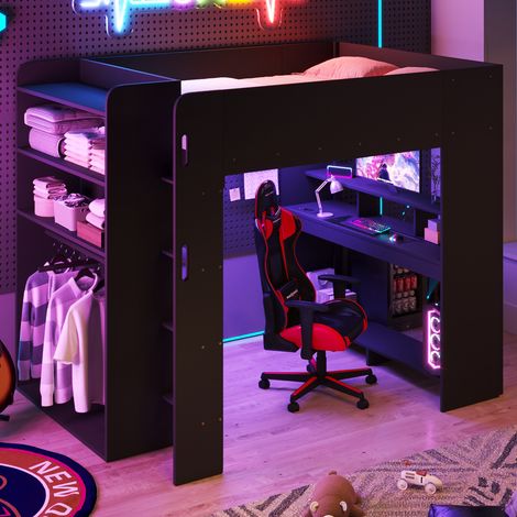 Lit mezzanine gaming 140 x 200 cm avec bureau, armoire, LED et USB, noir (1/5)