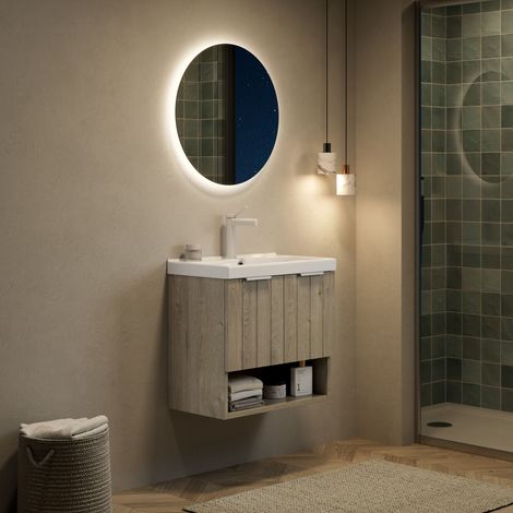 DESMIU Meuble Sous Vasque Mural avec 2 Portes et Étagère Ouverte, Fermeture Amortie, pour Salle de Bain, Blanc Cassé (1/4)