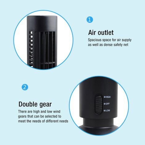 Ventilatore a torre senza pale Toivize, design compatto, USB, silenzioso, 2 velocità, ideale per ufficio e camera da letto, in ABS nero. (1/4)