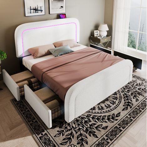 Bett Retro gepolstert Sherpa Weiß 160x200 cm mit verstellbarem Kopfteil, LED, USB-C, 4 Schubladen, Lattenrost und Matratze (1/5)