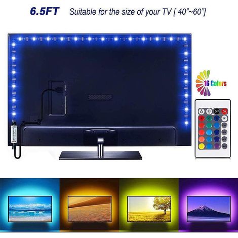 Bandes Lumineuses LED - 2 m - Éclairage Arrière TV 40-60 Pouces - Télécommande Incluse - 16 Couleurs - Alimentation USB - 5050 LED
