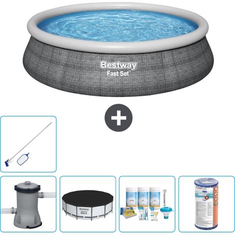 Piscine gonflable ronde Bestway à réglage rapide - Imprimé rotin - 457 x 84 cm - Comprend des Accessoires CB15 (1/5)