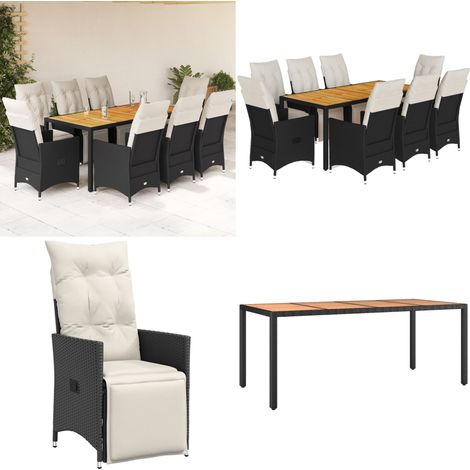 Set da Pranzo da Giardino 9 pz con Cuscini Nero in Polyrattan - Sedie da giardino reclinabili - Tavolo da giardino
