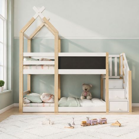 CHICFURN Litera infantil 90x200 cm de madera blanca, casita, almacenaje, sin colchón (1/5)
