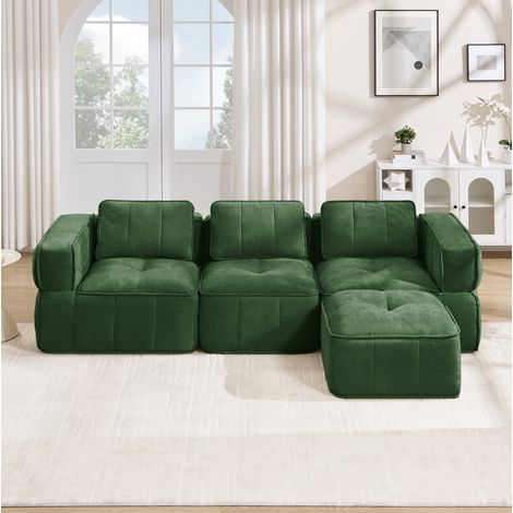 Sofá rinconera modular 3 plazas con puf, diseño sin estructura, espuma 32D, poliéster verde 271x162x67 cm (1/5)