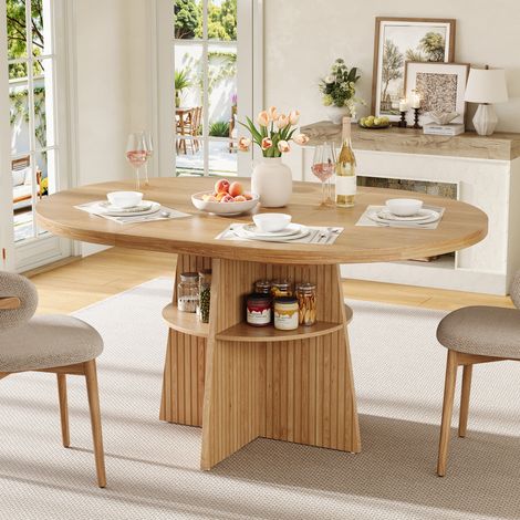 Table à manger ronde extensible 110-150x110x77,5 cm, table de cuisine pour 2-8 personnes, table à manger gain de place avec plateau extensible et espace de rangement intégré, table en bois moderne asp (1/5)