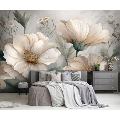Fototapete Blumen Abstrakt Beton, für Wohnzimmer und Schlafzimmer, 300 x 210 cm – Komplettset inkl. Kleister & Anleitung (1/5)