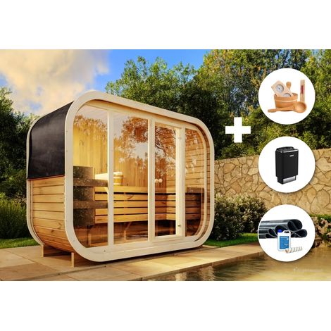Kit tout-en-un sauna tonneau Ellipso L Naturel Bois thermique, 42 mm Épaisseur de paroi 271 x 113 cm (1/5)