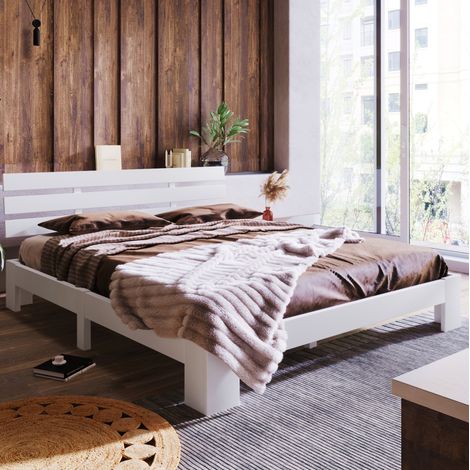 MEUBLIV Lit 140x200 cm blanc – avec tête de lit et sommier à lattes, sans matelas (1/5)