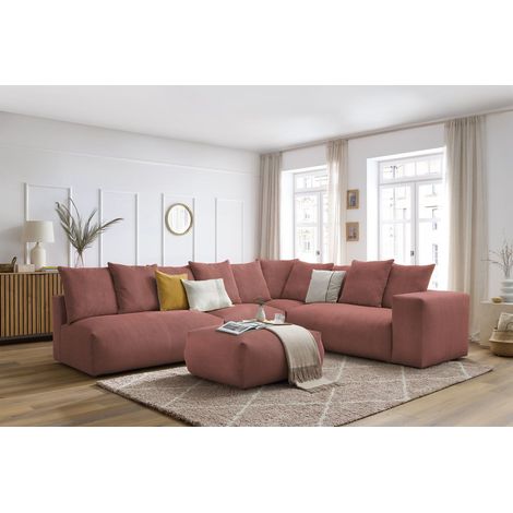 BOBOCHIC - Canapé d'angle fixe modulable VOLTAIRE avec 2 chauffeuses 2 places, 1 angle, 1 chauffeuse 1 place et 1 pouf Angle droit  Rose (1/5)
