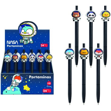 Expositor de portaminas recargable con cuerpo de plástico, para minas de grafito de 0\'5 mm. Punta metálica retráctil para una escritura suave y cómod
