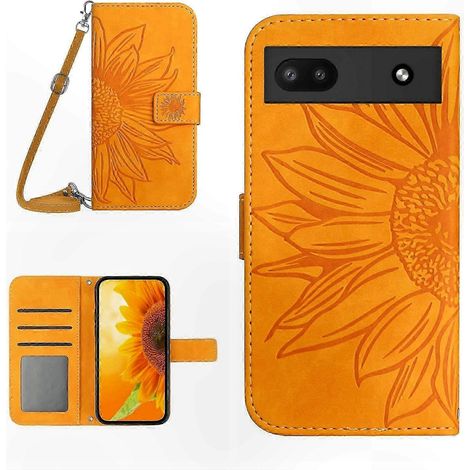 Étui à rabat en cuir véritable à motif tournesol avec cordon, étui de protection souple (1/4)