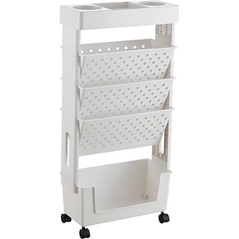 Étagère à livres mobile rotative multi-étagères, capacité élevée, plastique blanc, pratique, démontable, avec roulettes, rangement coulissant (1/5)
